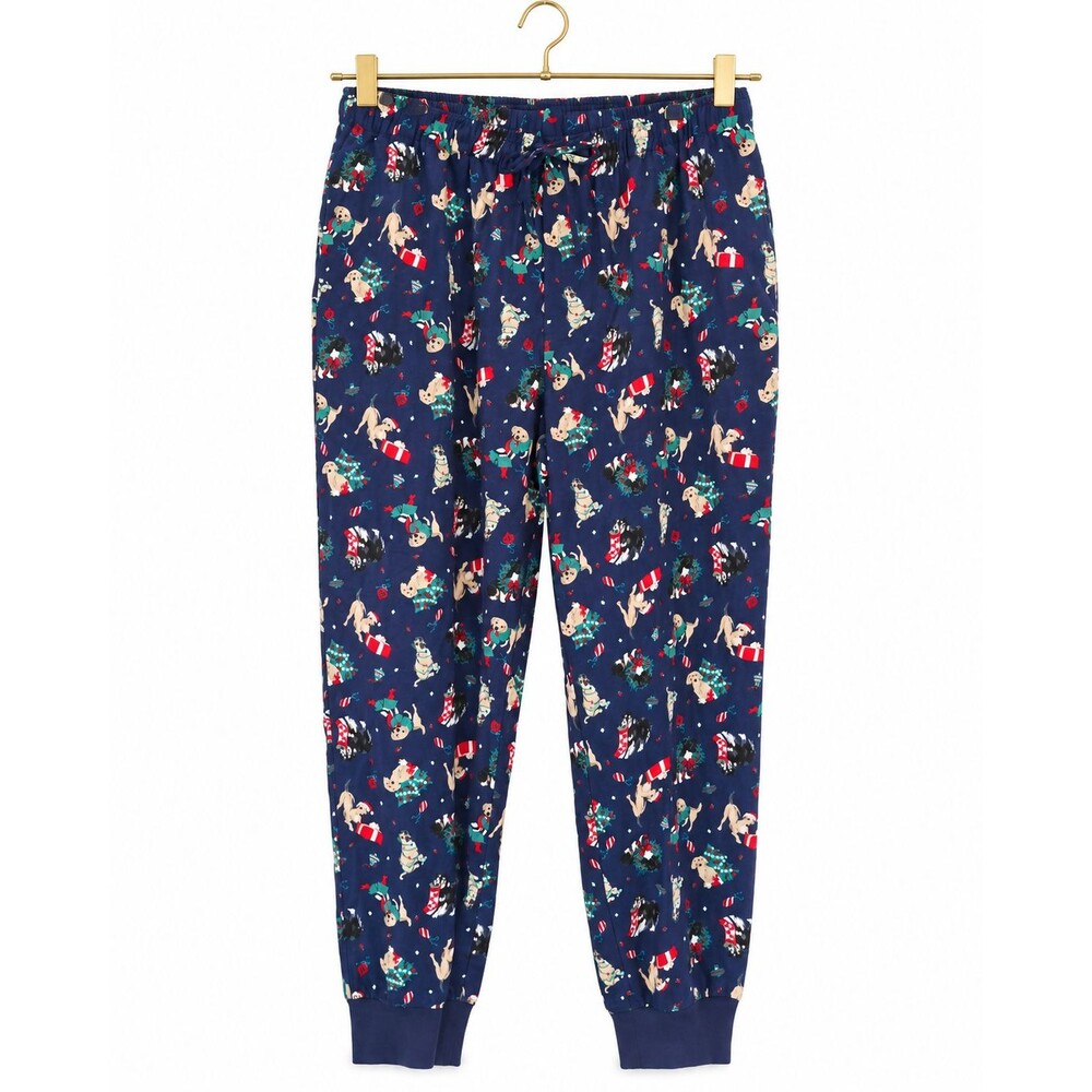 Lands' End Women L Christmas Dogs Cotton Pajama Pants Navy Drawstring Pockets